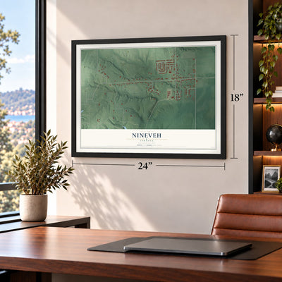 Nineveh, Indiana map, 18 x 24 inch print in a black frame in a home office