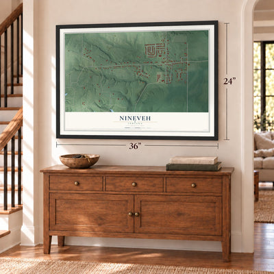 Nineveh, Indiana map, 24 x 36 inch print in a black frame above a dresser by a staircase