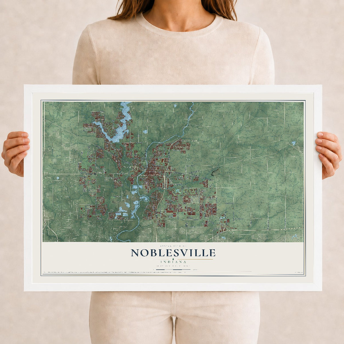 Map of Noblesville, Indiana, 12 x 18 inch print in a white wood frame