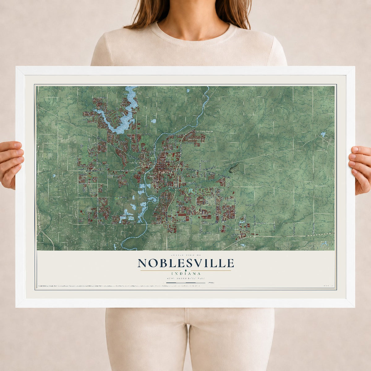 Map of Noblesville, Indiana, 18 x 24 inch print in a white wood frame