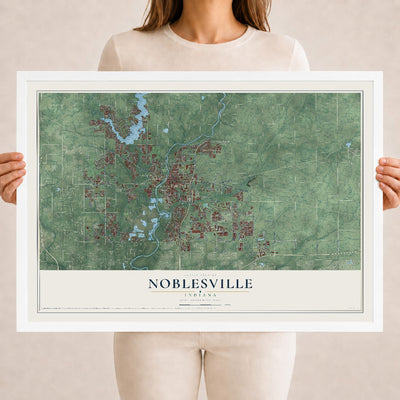 Map of Noblesville, Indiana, 18 x 24 inch print in a white wood frame
