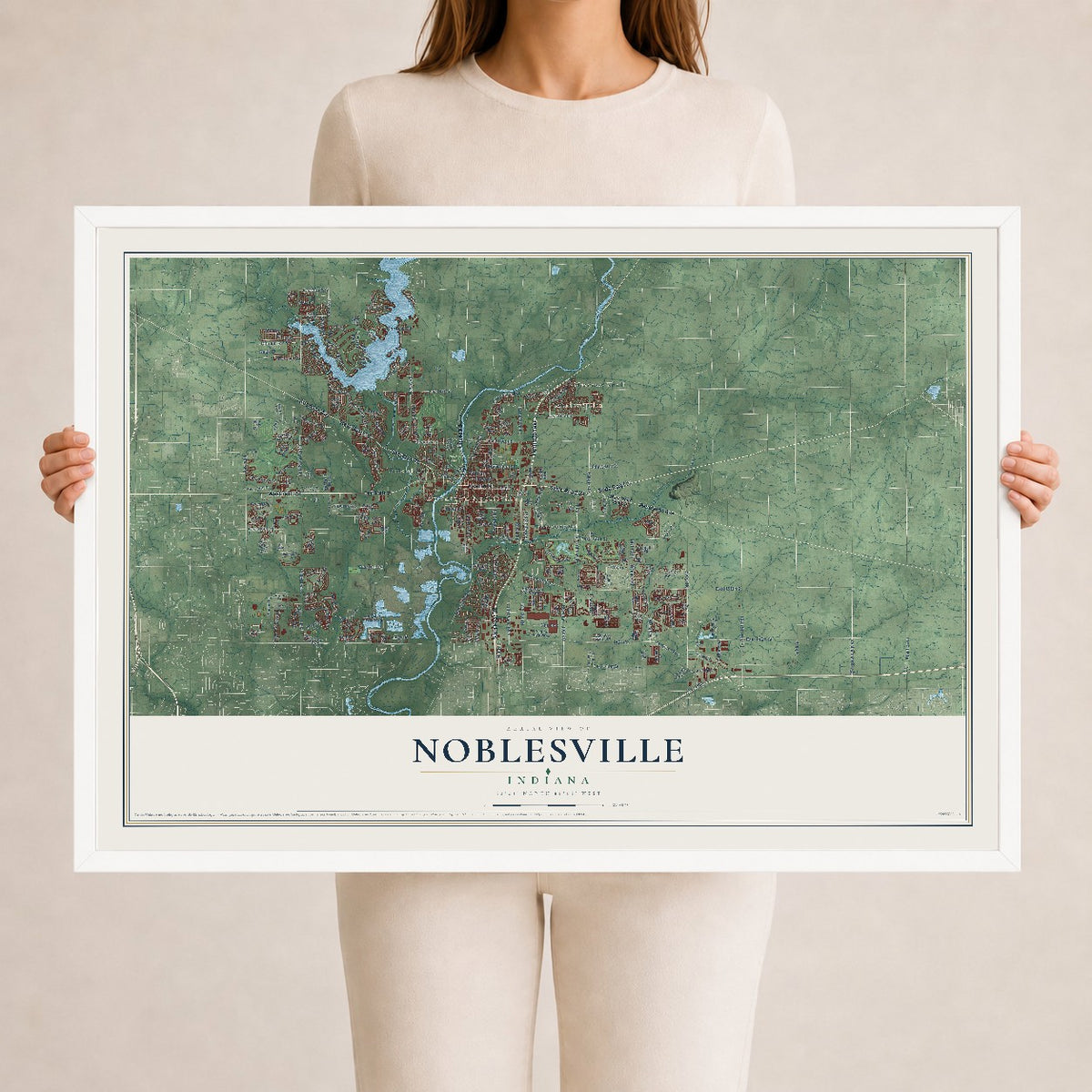 Map of Noblesville, Indiana, 24 x 36 inch print in a white wood frame