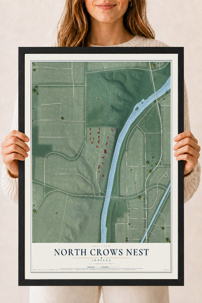 Map of North Crows Nest, Indiana, 18 x 24 inch print in a black wood frame