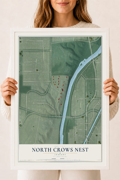 Map of North Crows Nest, Indiana, 18 x 24 inch print in a white wood frame