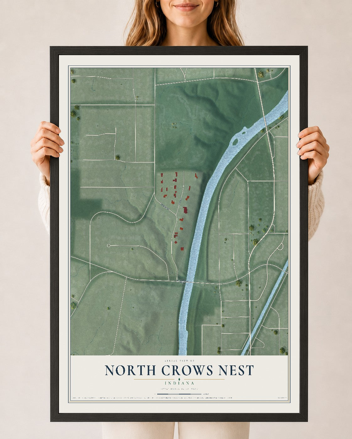Map of North Crows Nest, Indiana, 24 x 36 inch print in a black wood frame