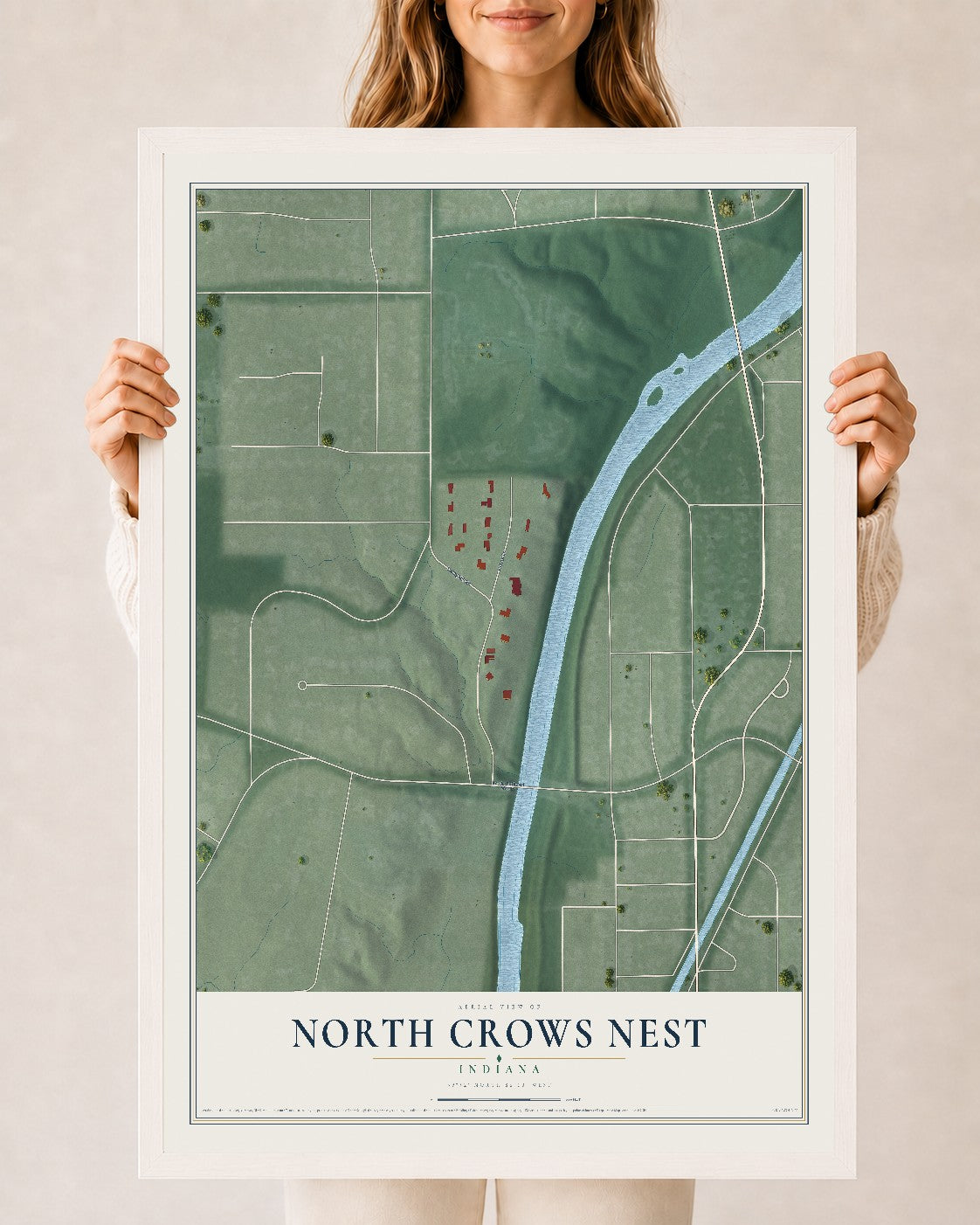 Map of North Crows Nest, Indiana, 24 x 36 inch print in a white wood frame