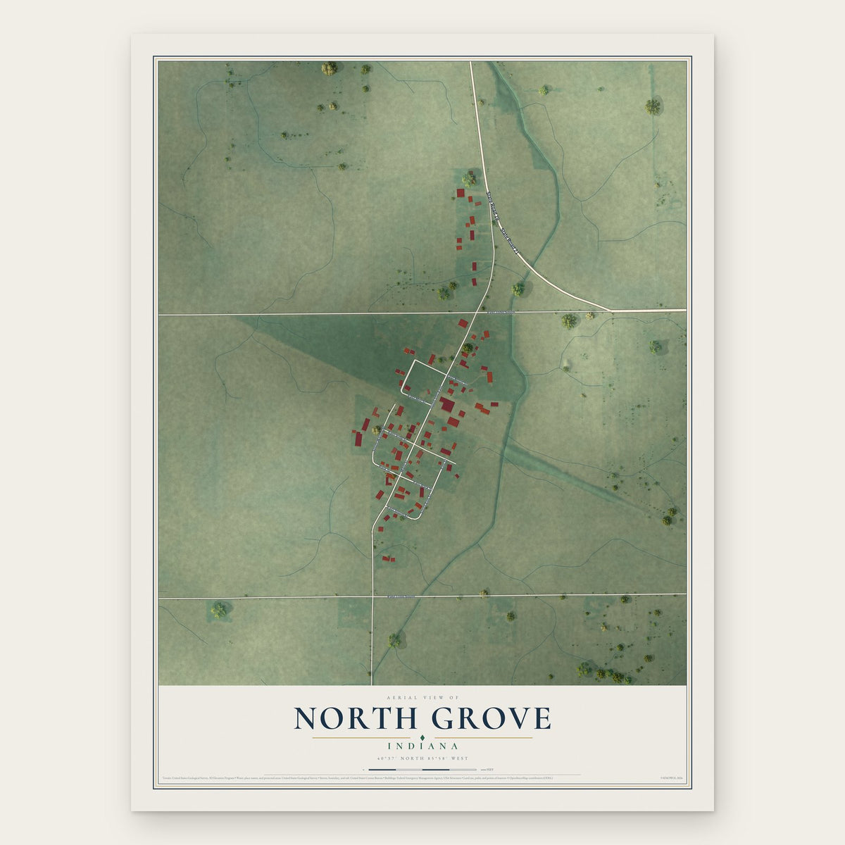 North Grove, Indiana map print, the full design