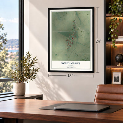 North Grove, Indiana map, 18 x 24 inch print in a black frame in a home office