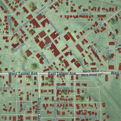 Close-up of the map of North Judson, Indiana print showing street and building detail