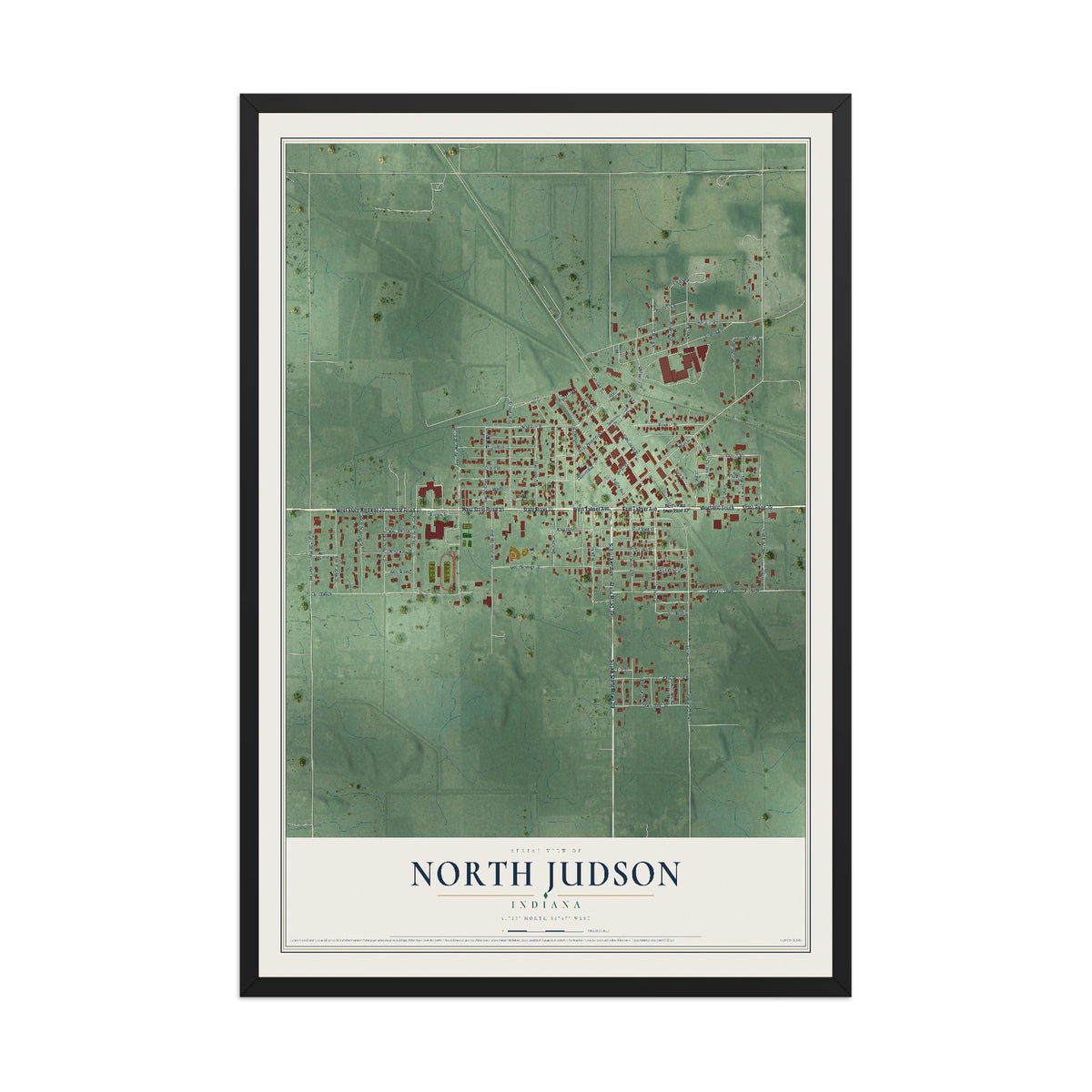 Map of North Judson, Indiana, 12 x 18 inch print in a black wood frame