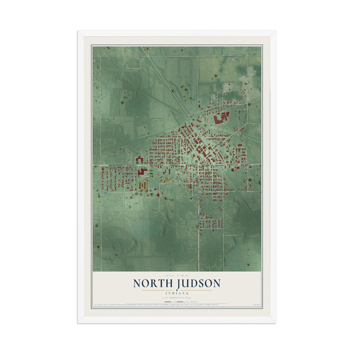 Map of North Judson, Indiana, 12 x 18 inch print in a white wood frame