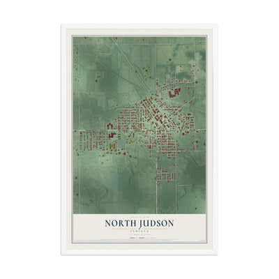 Map of North Judson, Indiana, 12 x 18 inch print in a white wood frame