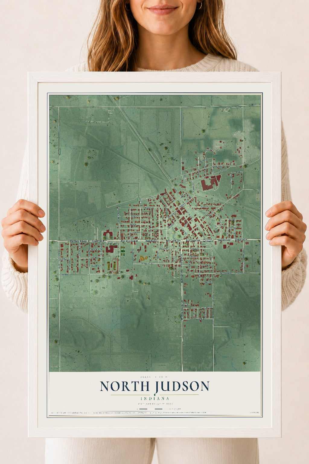 Map of North Judson, Indiana, 18 x 24 inch print in a white wood frame