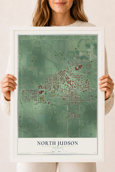 Map of North Judson, Indiana, 18 x 24 inch print in a white wood frame