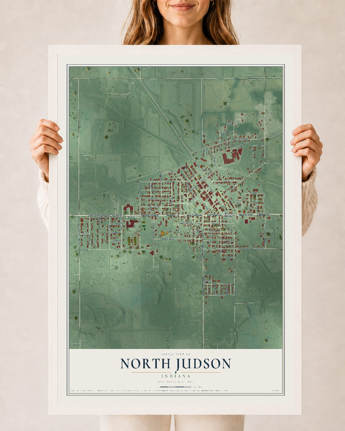 Map of North Judson, Indiana, 24 x 36 inch print in a white wood frame