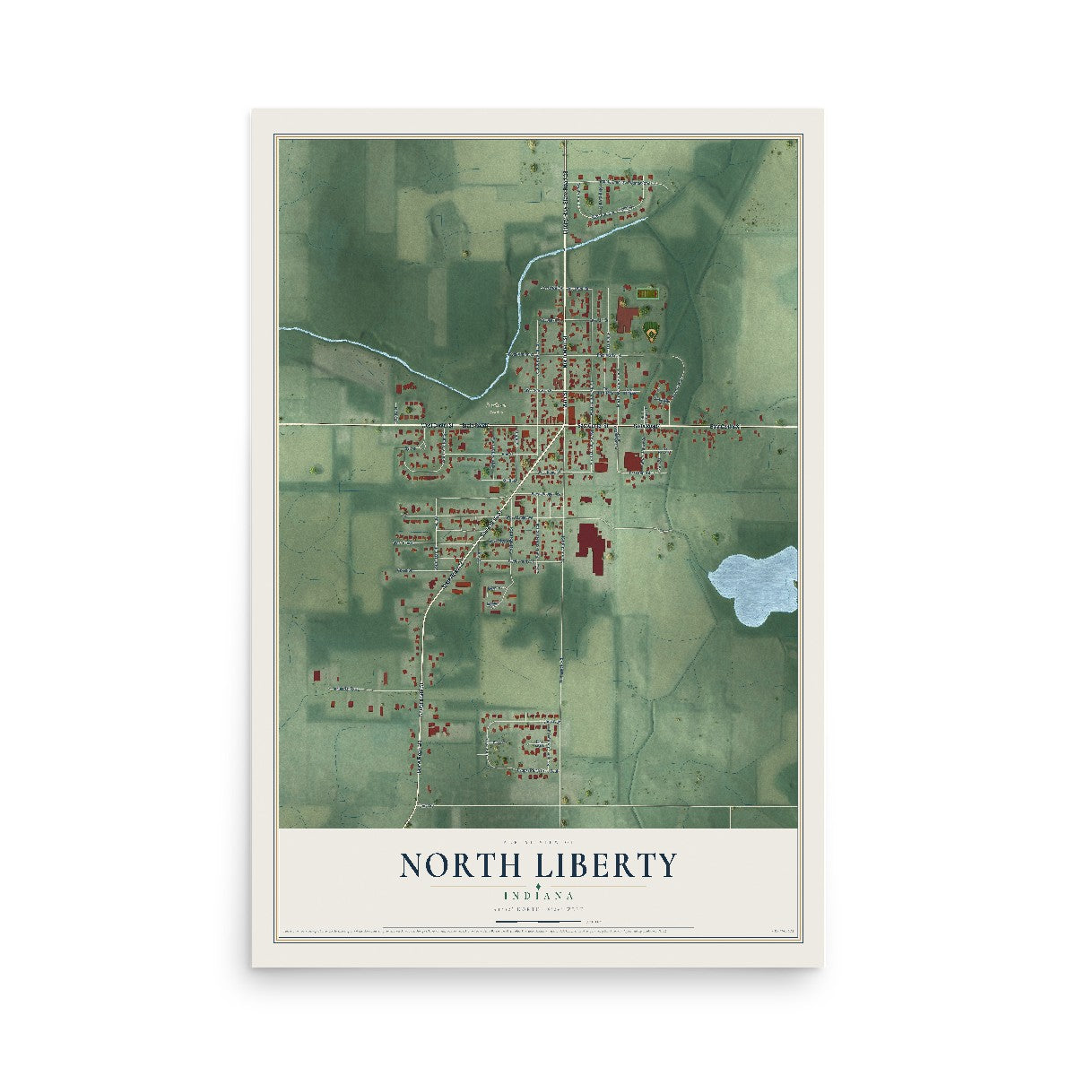 Map of North Liberty, Indiana, 12 x 18 inch unframed archival matte print