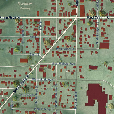 Close-up of the map of North Liberty, Indiana print showing street and building detail