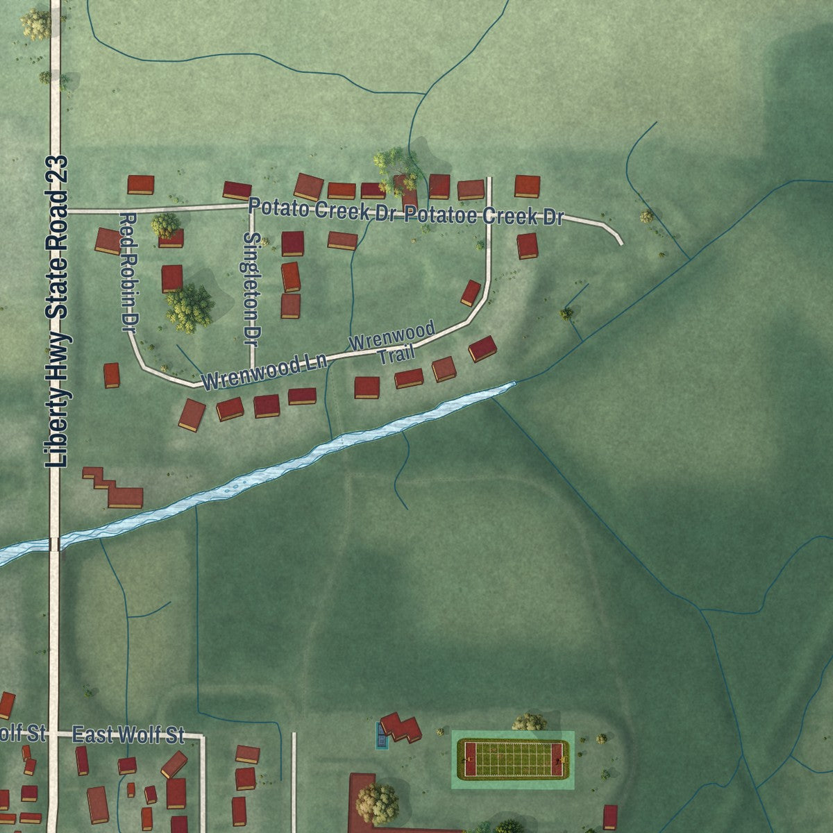 Second close-up of the map of North Liberty, Indiana print showing more streets and buildings