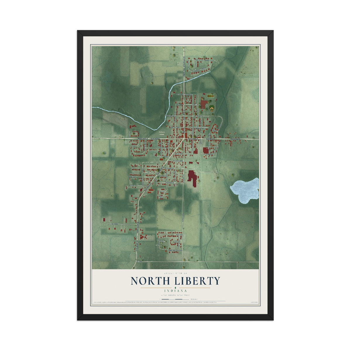 Map of North Liberty, Indiana, 12 x 18 inch print in a black wood frame