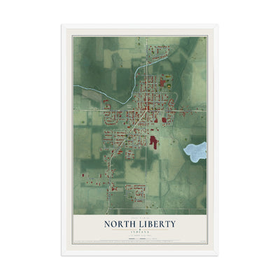 Map of North Liberty, Indiana, 12 x 18 inch print in a white wood frame
