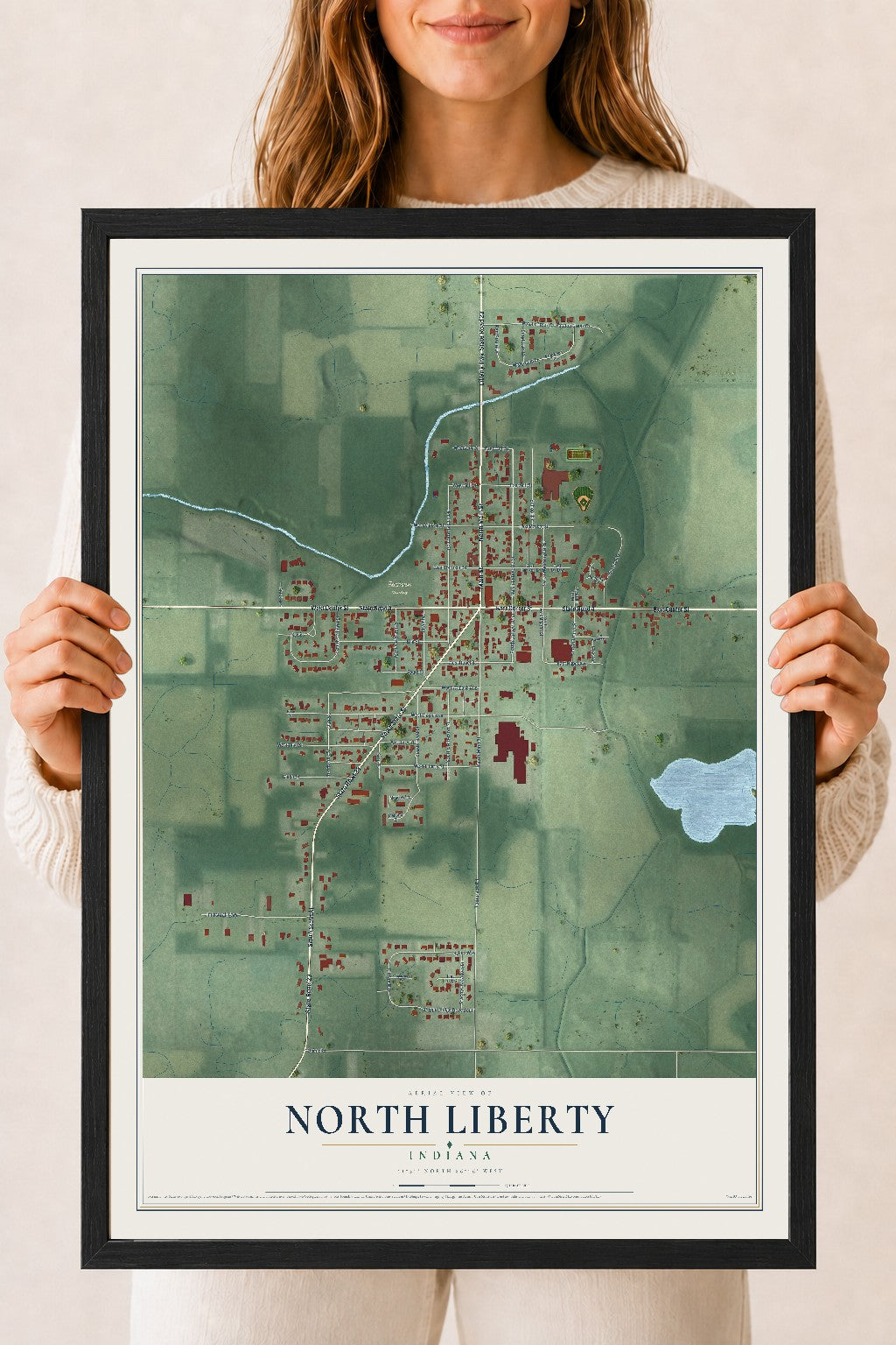 Map of North Liberty, Indiana, 18 x 24 inch print in a black wood frame
