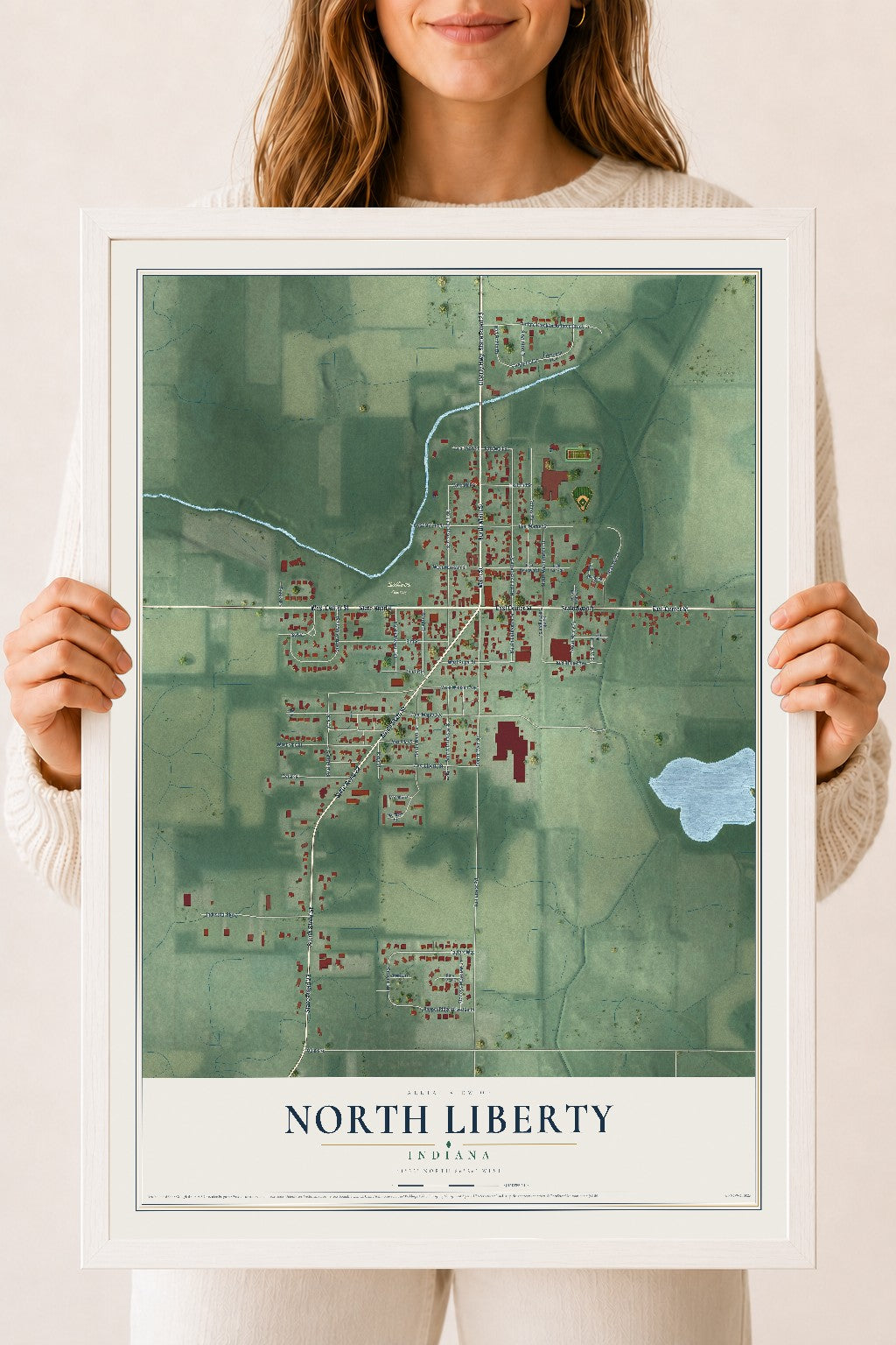 Map of North Liberty, Indiana, 18 x 24 inch print in a white wood frame