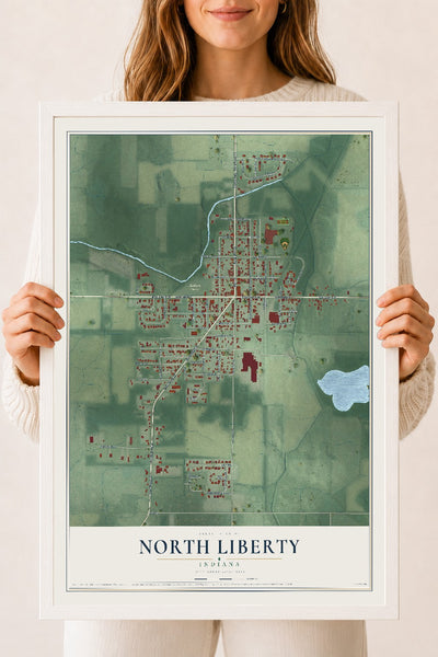 Map of North Liberty, Indiana, 18 x 24 inch print in a white wood frame