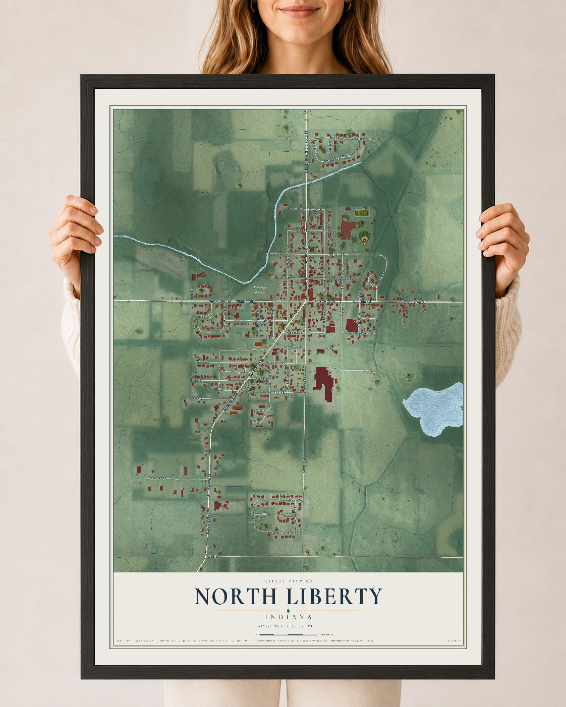 Map of North Liberty, Indiana, 24 x 36 inch print in a black wood frame