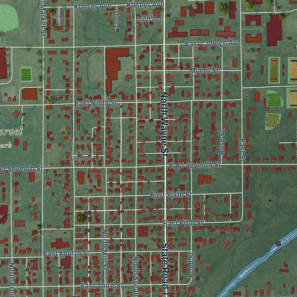 Close-up of the map of North Manchester, Indiana print showing street and building detail