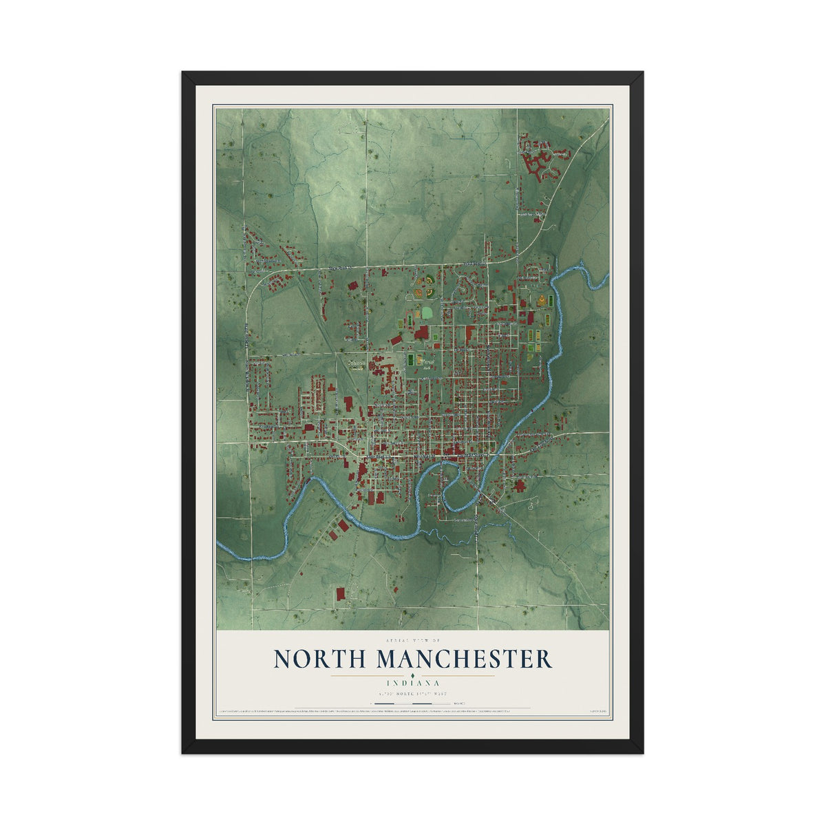 Map of North Manchester, Indiana, 12 x 18 inch print in a black wood frame