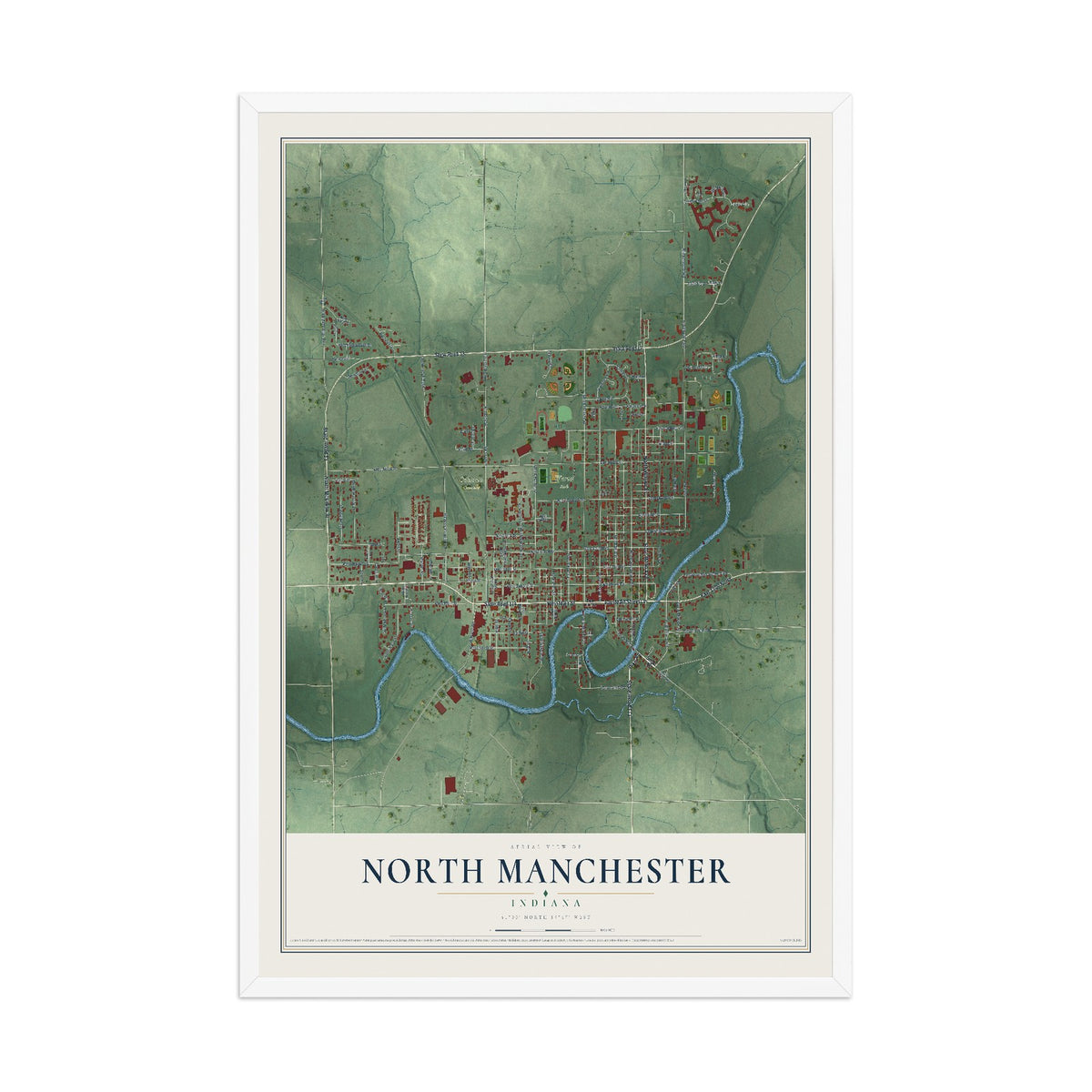 Map of North Manchester, Indiana, 12 x 18 inch print in a white wood frame