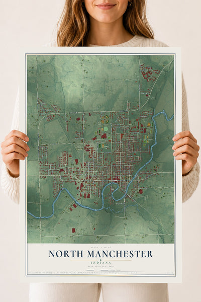 Map of North Manchester, Indiana, 18 x 24 inch unframed archival matte print