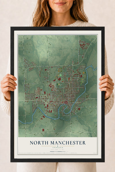 Map of North Manchester, Indiana, 18 x 24 inch print in a black wood frame