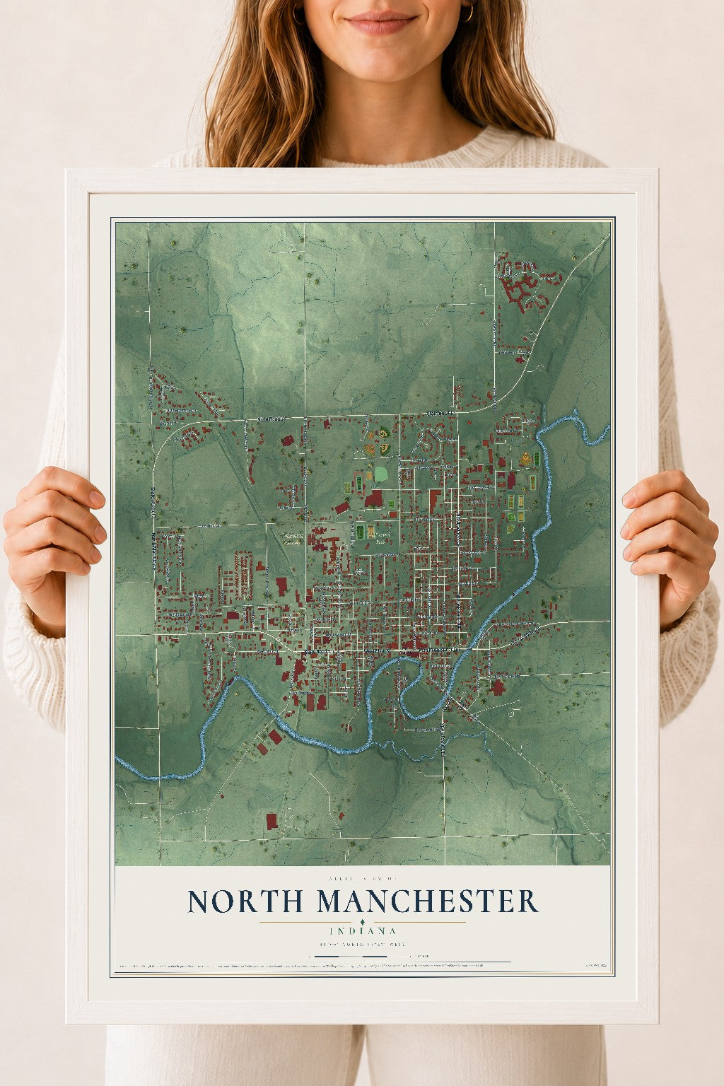 Map of North Manchester, Indiana, 18 x 24 inch print in a white wood frame