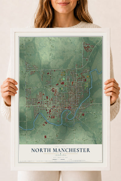 Map of North Manchester, Indiana, 18 x 24 inch print in a white wood frame