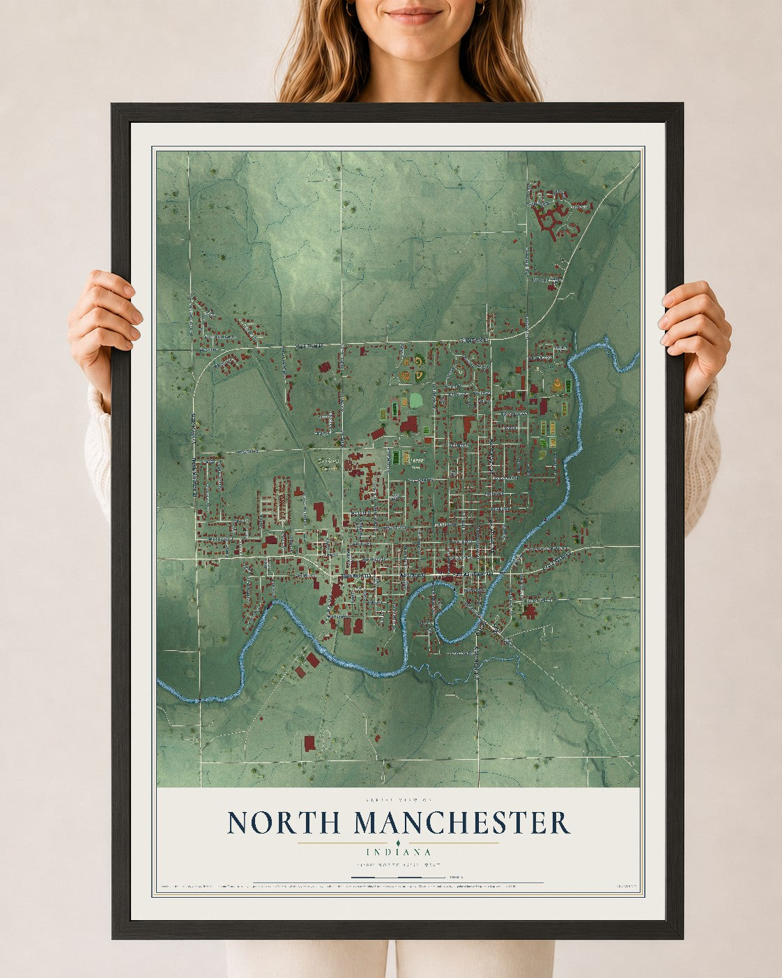 Map of North Manchester, Indiana, 24 x 36 inch print in a black wood frame