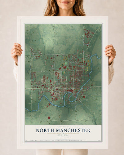 Map of North Manchester, Indiana, 24 x 36 inch print in a white wood frame