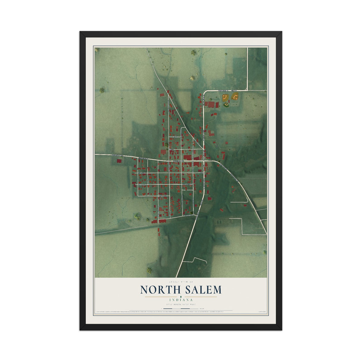Map of North Salem, Indiana, 12 x 18 inch print in a black wood frame