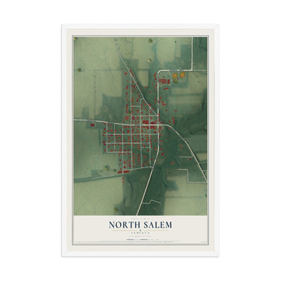 Map of North Salem, Indiana, 12 x 18 inch print in a white wood frame