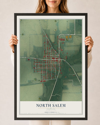Map of North Salem, Indiana, 24 x 36 inch print in a black wood frame
