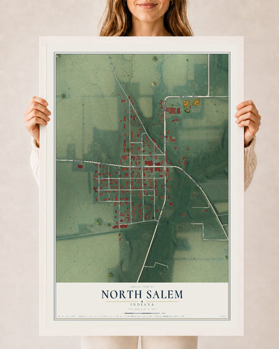 Map of North Salem, Indiana, 24 x 36 inch print in a white wood frame