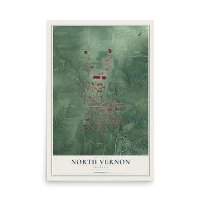 Map of North Vernon, Indiana, 12 x 18 inch unframed archival matte print