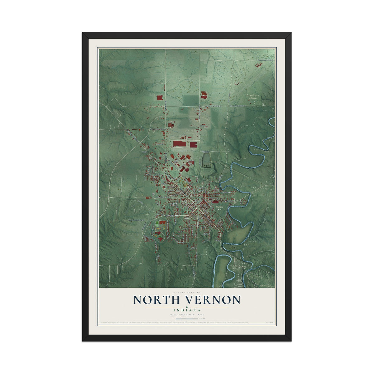 Map of North Vernon, Indiana, 12 x 18 inch print in a black wood frame