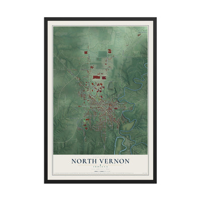 Map of North Vernon, Indiana, 12 x 18 inch print in a black wood frame