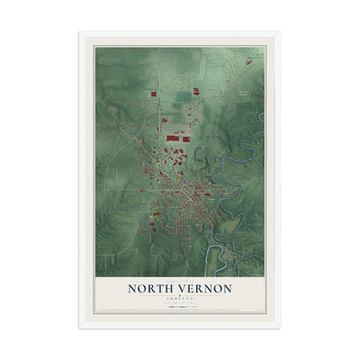 Map of North Vernon, Indiana, 12 x 18 inch print in a white wood frame