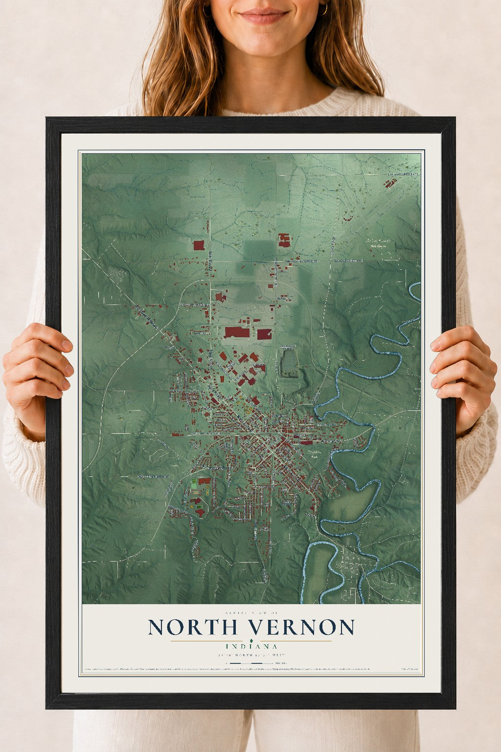 Map of North Vernon, Indiana, 18 x 24 inch print in a black wood frame