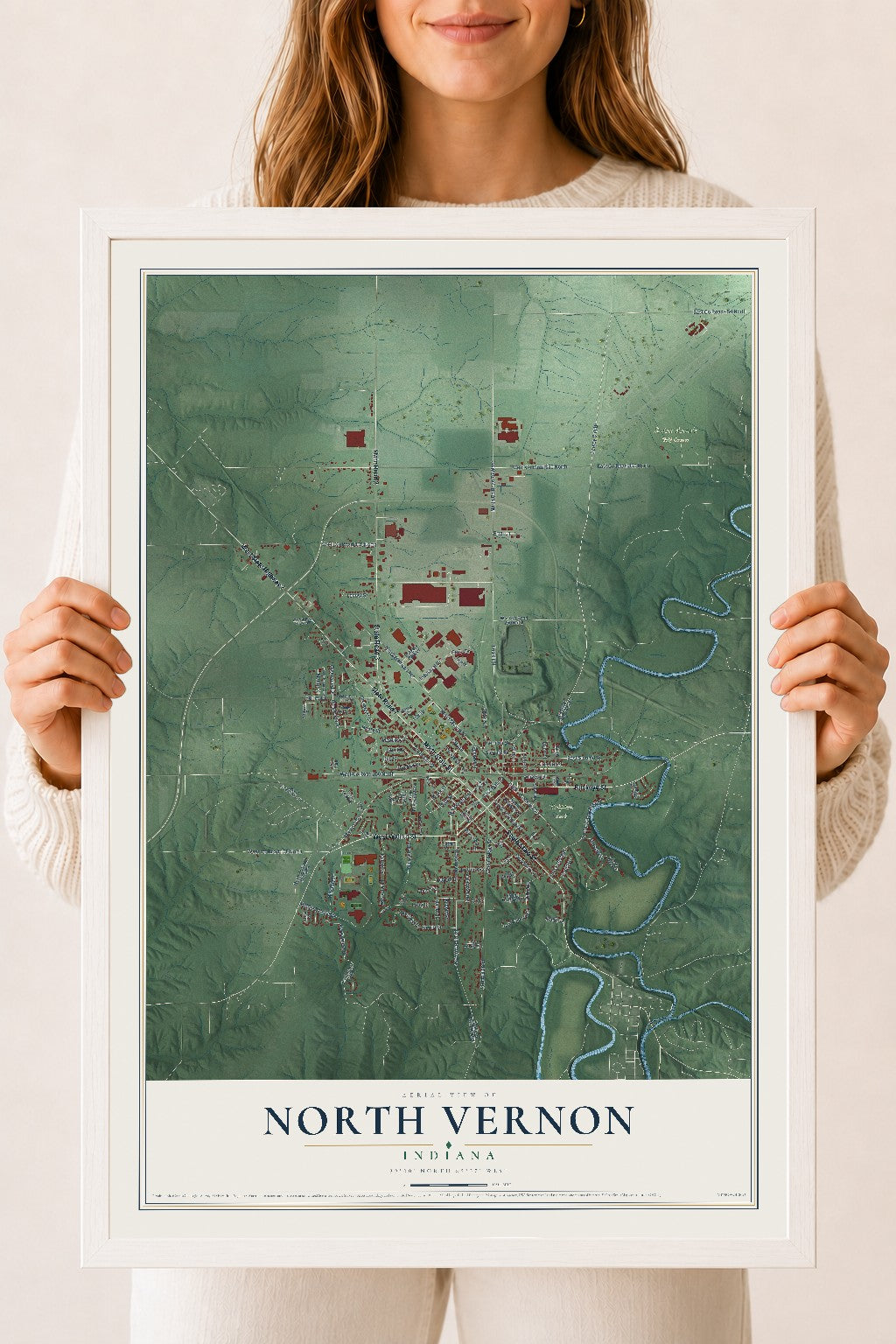 Map of North Vernon, Indiana, 18 x 24 inch print in a white wood frame