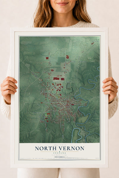 Map of North Vernon, Indiana, 18 x 24 inch print in a white wood frame
