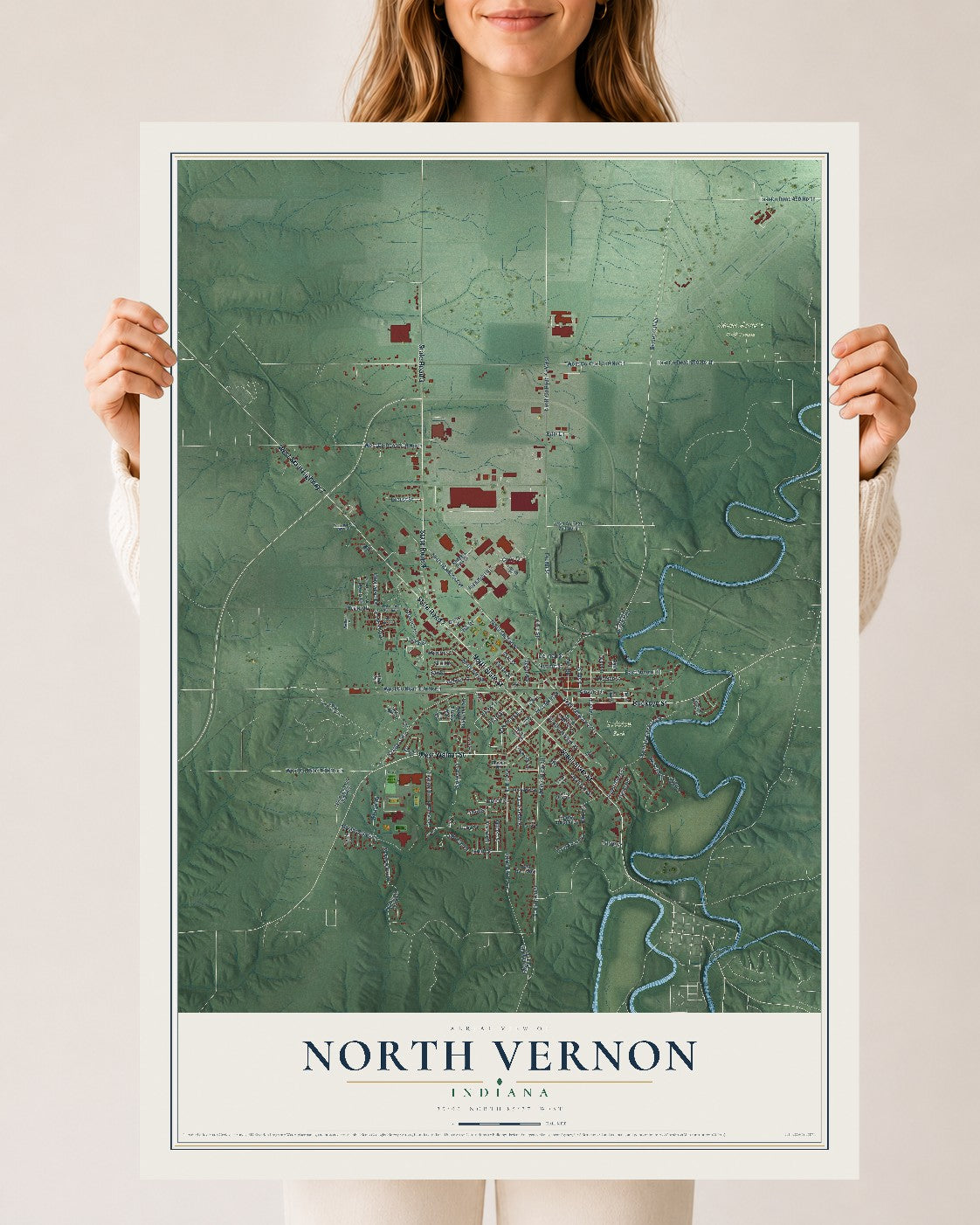 Map of North Vernon, Indiana, 24 x 36 inch unframed archival matte print