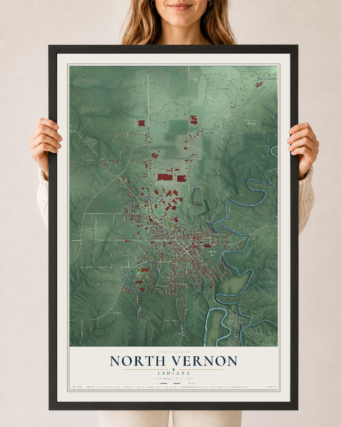 Map of North Vernon, Indiana, 24 x 36 inch print in a black wood frame